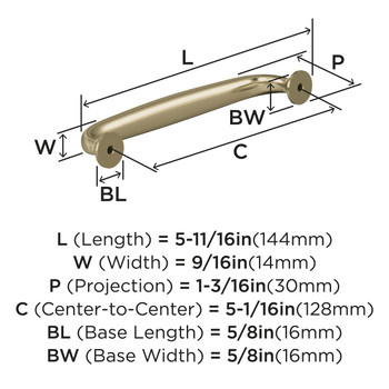 Amerock, Renown, 5 1/16" (128mm) Curved Pull, Golden Champagne - technical