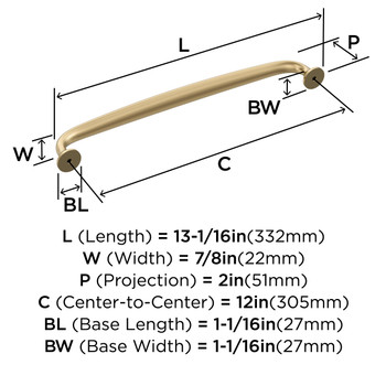 Amerock, Renown, 12" (305mm) Curved Appliance Pull, Champagne Bronze - technical