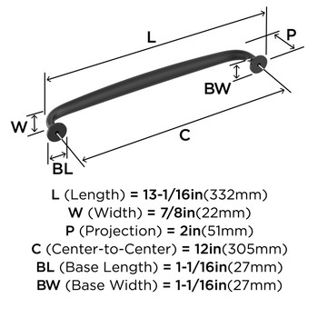 Amerock, Renown, 12" (305mm) Curved Appliance Pull, Matte Black - technical