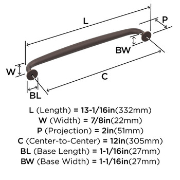 Amerock, Renown, 12" (305mm) Curved Appliance Pull, Oil Rubbed Bronze - techncial