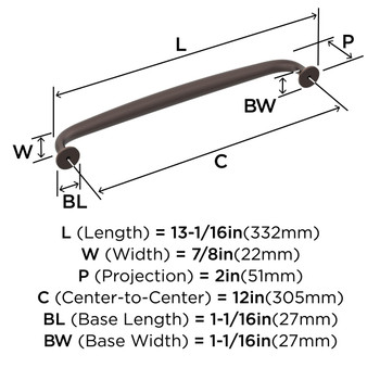 Amerock, Renown, 12" (305mm) Curved Appliance Pull, Oil Rubbed Bronze - technical