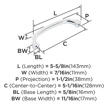 Amerock, Revitalize, 5 1/16" (128mm) Curved Pull, Polished Chrome - technical