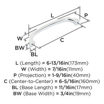 Amerock, Revitalize, 6 5/16" (160mm) Curved Pull, Polished Chrome - technical