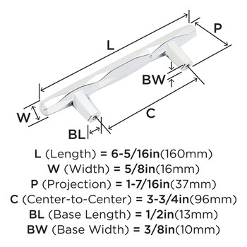 Amerock, St Vincent, 3 3/4" (96mm) Bar Pull, Polished Chrome - technical