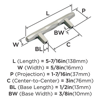 Amerock, St Vincent, 3" (76mm) Bar Pull, Satin Nickel - technical