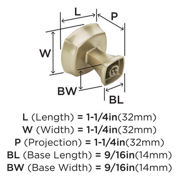 Amerock, Stature, 1 1/4" Square Knob, Golden Champagne - technical