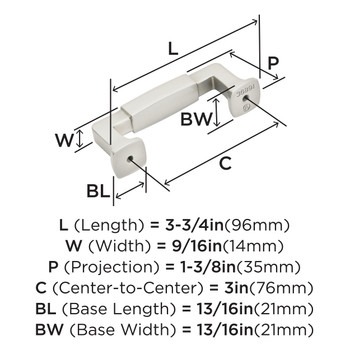 Amerock, Stature, 3" (76mm) Straight Pull, Satin Nickel - technical