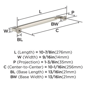 Amerock, Stature, 10 1/16" (256mm) Straight Pull, Satin Nickel - technical