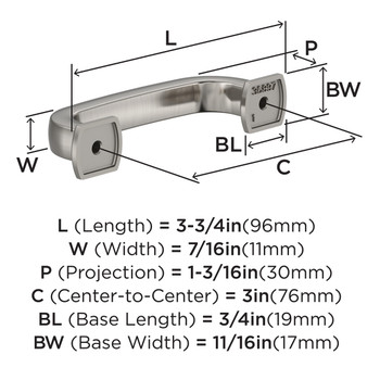 Amerock, Surpass, 3" (76mm) Curved Pull, Satin Nickel - technical