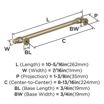 Amerock, Winsome, 8 13/16" (224mm) Bar Pull, Golden Champagne - technical