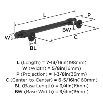 Amerock, Winsome, 6 5/16" (160mm) Bar Pull, Matte Black - technical