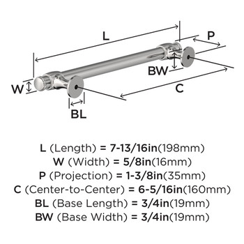 Amerock, Winsome, 6 5/16" (160mm) Bar Pull, Polished Chrome - technical