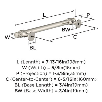 Amerock, Winsome, 6 5/16" (160mm) Bar Pull, Satin Nickel - technical