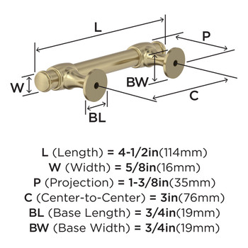 Amerock, Winsome, 3" (76mm) Bar Pull, Golden Champagne - technical