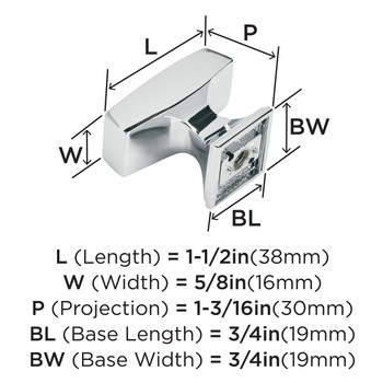 Amerock, Mulholland, 1 1/2" Rectangle Knob, Polished Chrome - technical