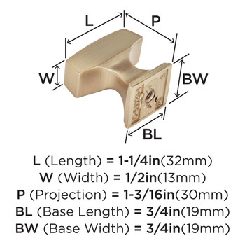 Amerock, Mulholland, 1 1/4" Rectangle Knob, Champagne Bronze - technical