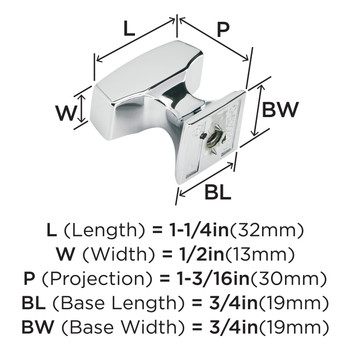 Amerock, Mulholland, 1 1/4" Rectangle Knob, Polished Chrome - technical