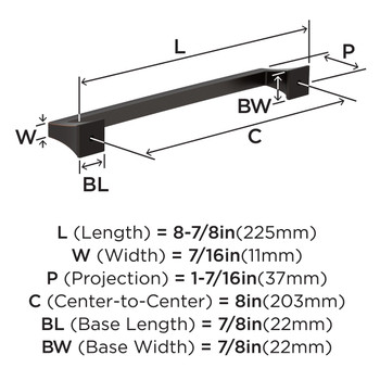 Amerock, Mulholland, 8" (203mm) Straight Pull, Oil Rubbed Bronze - technical