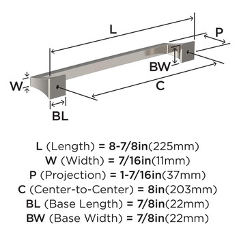 Amerock, Mulholland, 8" (203mm) Straight Pull, Polished Nickel - technical