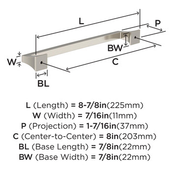 Amerock, Mulholland, 8" (203mm) Straight Pull, Satin Nickel - technical