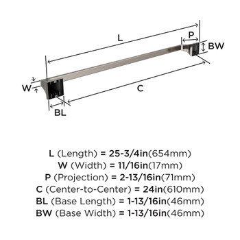 Amerock, Mulholland, 24" Towel Bar, Satin Nickel - technical