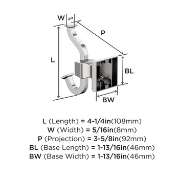 Amerock, Mulholland, Single Prong Hook, Polished Chrome - technical