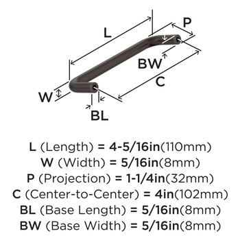 Amerock, Everyday Basics, Wire Pulls, 4" Wire Pull, Oil Rubbed Bronze - technical