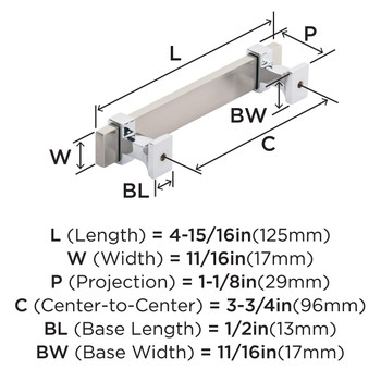 Amerock, Overton, 3 3/4" (96mm) Bar Pull, Satin Nickel with Polished Chrome - technical