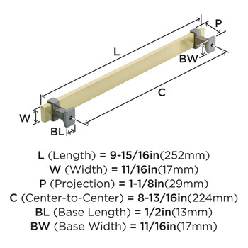 Amerock, Overton, 8 13/16" (224mm) Bar Pull, Brushed Gold with Black Chrome - technical