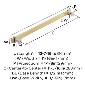 Amerock, Overton, 11 5/16" (288mm) Bar Pull, Brushed Gold with Satin Nickel - technical