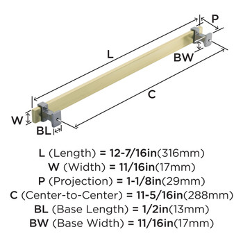 Amerock, Overton, 11 5/16" (288mm) Bar Pull, Brushed Gold with Black Chrome - technical