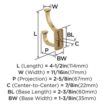 Amerock, Alder, Decorative Double Prong Wall Hook, Champagne Bronze - technical