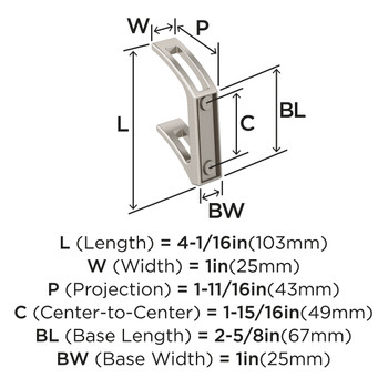 Amerock, Avid, Decorative Double Prong Wall Hook, Satin Nickel - technical