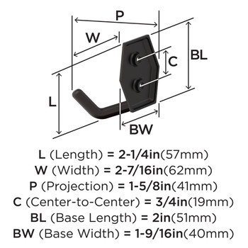 Amerock, Benton, Decorative Double Prong Wall Hook, Oil Rubbed Bronze - technical