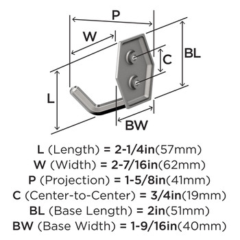 Amerock, Benton, Decorative Double Prong Wall Hook, Polished Chrome - technical