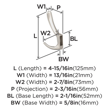 Amerock, Finesse, Decorative Triple Prong Wall Hook, Satin Nickel - technical