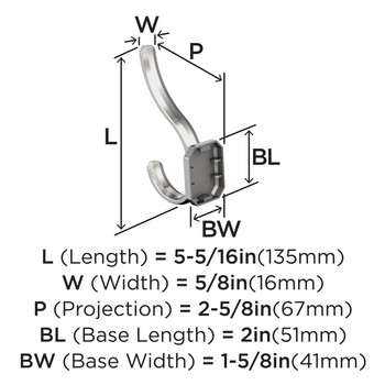 Amerock, Granlyn, Decorative Double Prong Wall Hook, Polished Chrome - technical