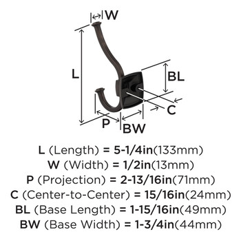 Amerock, Kinsale, Decorative Double Prong Wall Hook, Oil Rubbed Bronze - technical