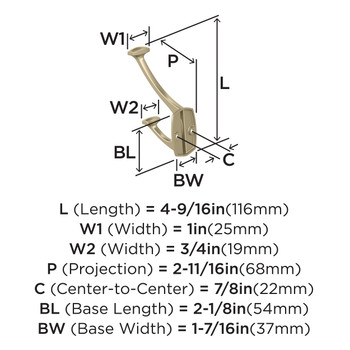 Amerock, Vicinity, Decorative Double Prong Wall Hook, Golden Champagne - technical