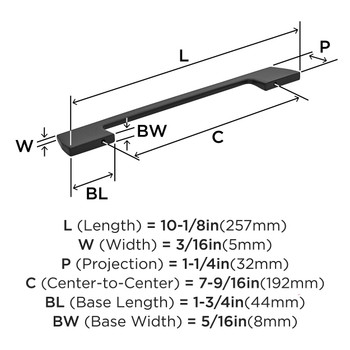 Amerock, Everyday Basics, Angle, 7 9/16" (192mm) Straight Pull, Matte Black - technical