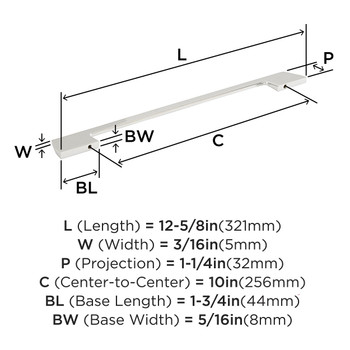 Amerock, Everyday Basics, Angle, 10 1/16" (256mm) Straight Pull, Polished Chrome - technical