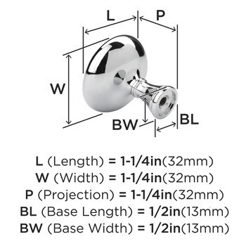 Amerock, Everyday Basics, Arden, 1 1/4" (32mm) Round Knob, Polished Chrome - technical