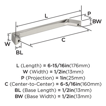 Amerock, Everyday Basics, Evolve, 6 5/16" (160mm) Curved Pull, Satin Nickel - technical