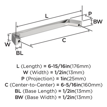 Amerock, Everyday Basics, Evolve, 6 5/16" (160mm) Curved Pull, Polished Chrome - technical