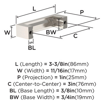 Amerock, Everyday Basics, Augment, 3" (76mm) Straight Pull, Satin Nickel - technical