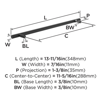 Amerock, Everyday Basics, Bar Pulls Hollow, 11 5/16" (288mm) Bar Pull, Matte Black - technical