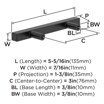 Amerock, Everyday Basics, Bar Pulls Square, 3" (76mm) Bar Pull, Matte Black - technical