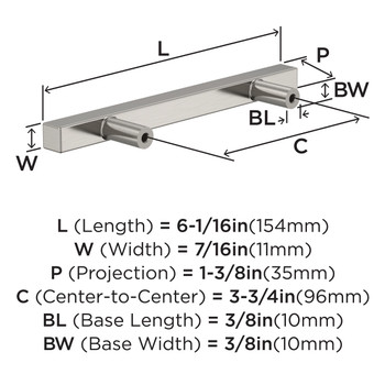 Amerock, Everyday Basics, Bar Pulls Square, 3 3/4" (96mm) Bar Pull, Satin Nickel - technical