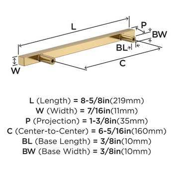 Amerock, Everyday Basics, Bar Pulls Square, 6 5/16" (160mm) Bar Pull, Champagne Bronze - technical