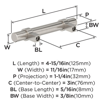 Amerock, Everyday Basics, Central, 3" (76mm) Bar Pull, Satin Nickel - technical